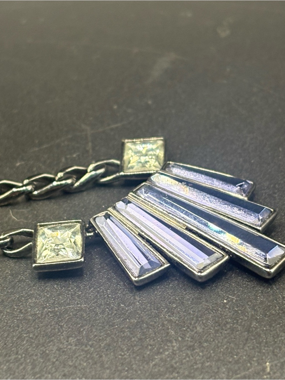 Givenchy Signed Gunmetal Blue Crystal Fan Statement Necklace Art Deco Indigo - Picture 9 of 9
